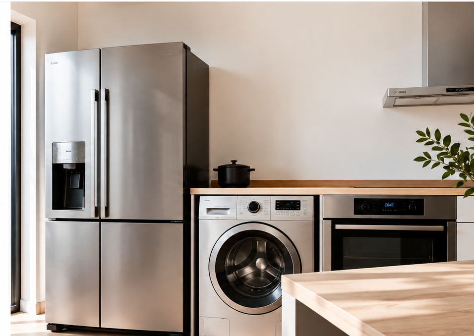 Cuisine moderne équipée de gros électroménager : réfrigérateur, lave-linge et four